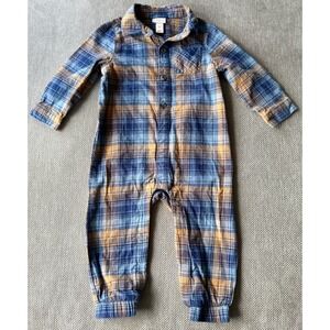Cat & Jack Plaid Romper 18M One Piece Jumpsuit Flannel Blue Brown Long Sleeve